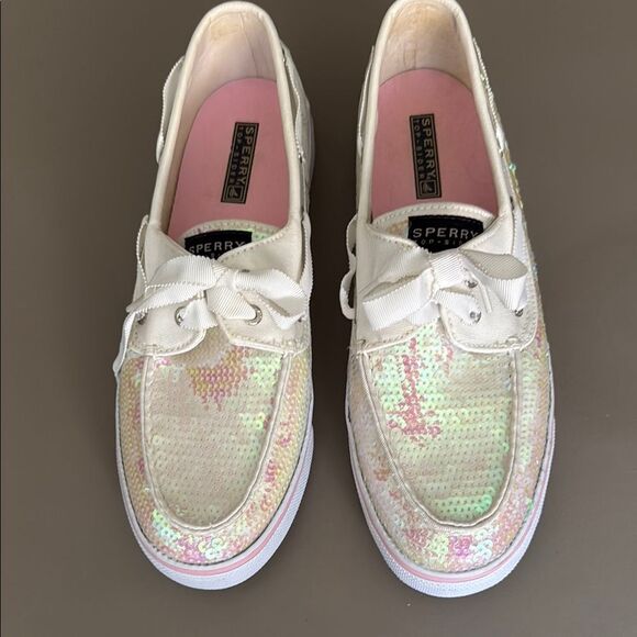 Sperry Top Sider Bahama Iridescent Sequin Pink White Boat Shoe. Size 11M. - Picture 1 of 10